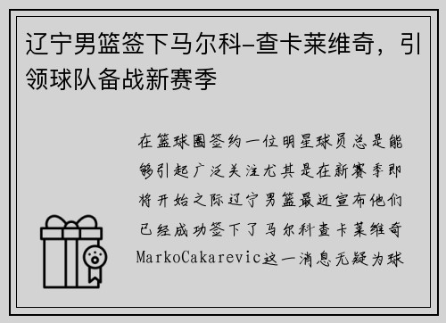 辽宁男篮签下马尔科-查卡莱维奇，引领球队备战新赛季