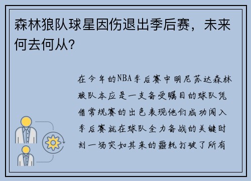 森林狼队球星因伤退出季后赛，未来何去何从？